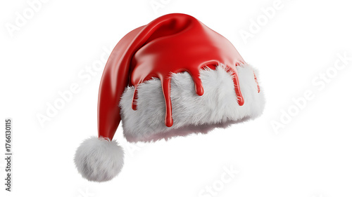 Festive red hat with white trim and dripping accents, evoking holiday cheer.