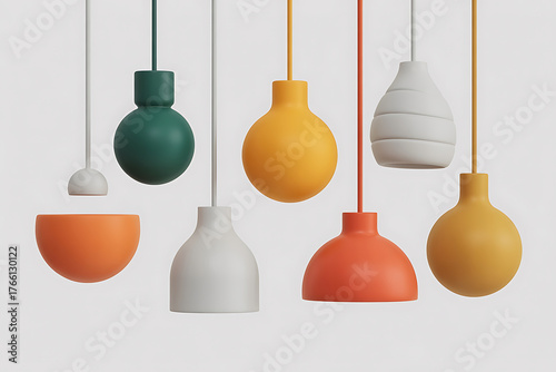 Colorful pendant lights hang suspended, showcasing diverse shapes and a vibrant, modern aesthetic.
