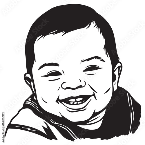 A cheerful baby with a wide, toothy grin, his eyes crinkled in delight, isolated on white background the simple black and white drawing captures the essence of pure, unadulterated joy and innocence