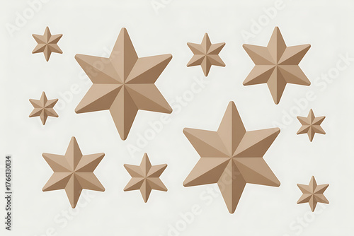 Several golden stars of varying sizes are arranged on a neutral-toned background.