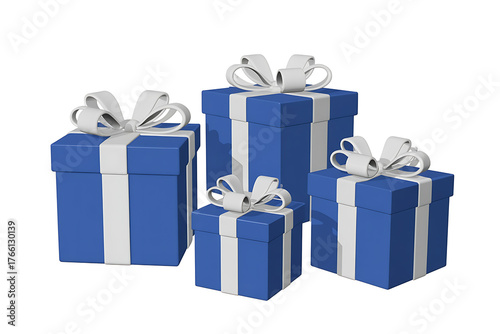 Blue gift boxes with white ribbons are stacked, suggesting celebration and festive generosity.