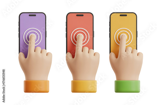 Three smartphones with colorful screens, fingers interacting, suggesting digital engagement and modern technology.