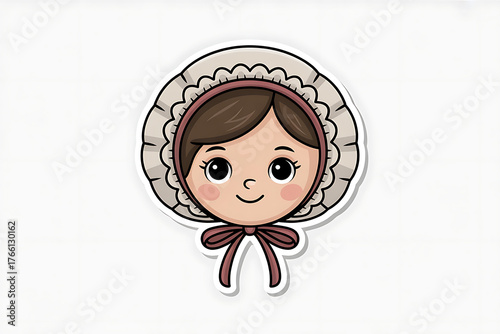 Cute cartoon girl with bonnet and ribbon, displaying a cheerful and innocent expression.