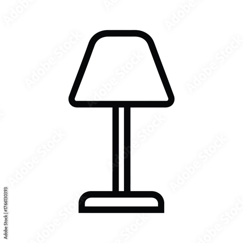 Simple outline table lamp featuring a shade, stand, and base isolated on white background