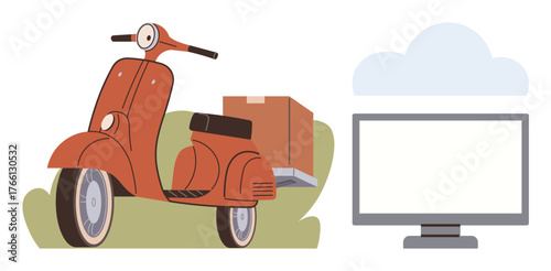 Retro-style delivery scooter carrying a package beside a monitor with a cloud. Ideal for logistics, e-commerce, delivery services, cloud technology, innovation, transport system, online shopping