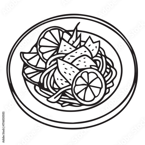 Detailed line art illustration of a plate of pasta with lemon slices isolated on white background, showcasing a simple yet elegant dish in a clean and minimalist style
