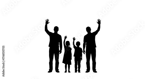 A joyful family silhouette, two adults and two children, raise their hands in a warm greeting or celebration, symbolizing unity and happiness.