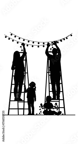 A loving family of four, including parents on ladders and children below, joyfully prepares their home by hanging festive string lights for the upcoming holiday season.