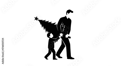 A heartwarming silhouette captures a father and child joyfully carrying their festive Christmas tree home, symbolizing holiday spirit and family tradition.