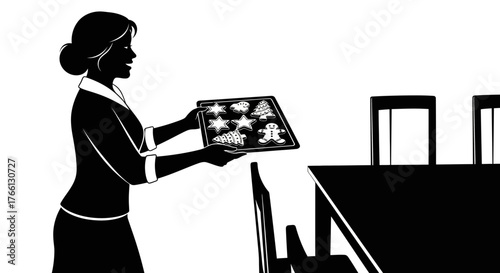 A silhouette of a woman proudly carrying a tray of freshly baked Christmas cookies, ready to share festive treats with family during the holiday season.