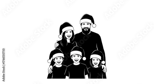 This charming black and white illustration depicts a happy family of five, parents and three children, joyfully celebrating Christmas in festive Santa hats.