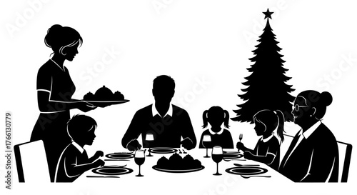 A silhouette illustration captures a multi-generational family enjoying a festive Christmas dinner together, celebrating the holiday season with food and warmth.