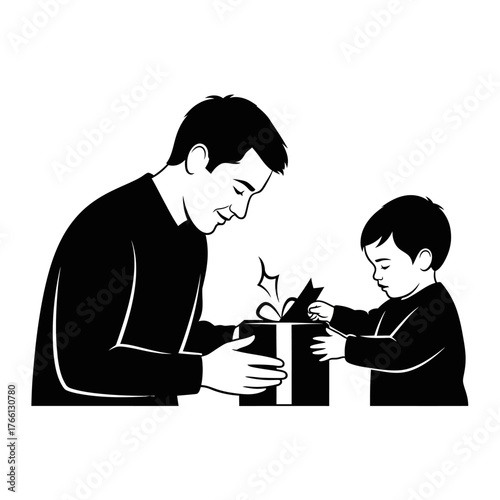 A heartwarming black and white illustration shows a father and his young child joyfully opening a special gift, celebrating family bonds and festive cheer.