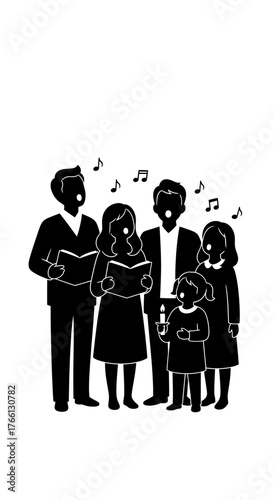 This striking black-and-white silhouette depicts a multi-generational group, including adults and children, harmoniously singing Christmas carols with festive cheer.