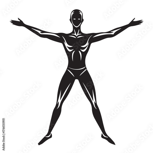 A striking black and white silhouette of a human figure with arms outstretched and legs apart, isolated on white background, evokes a sense of strength, balance, and the beauty of the human form