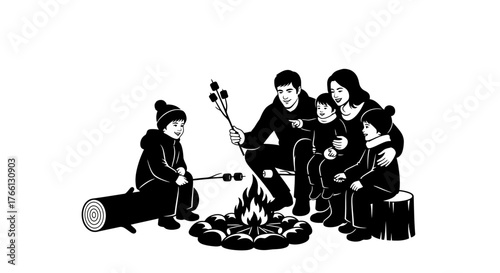 A heartwarming black and white illustration depicts a joyful family roasting marshmallows over a crackling campfire during a cozy winter evening.
