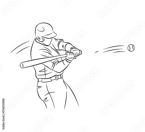Baseball game. Hitter hits baseball hard. Vector line art.