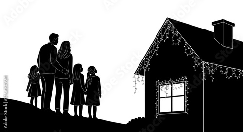 A loving family silhouette, including parents and children, stands together admiring their beautifully decorated home during the festive Christmas holiday season.