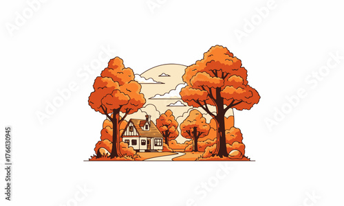 Charming Autumnal Cottage Scene Surrounded by Vibrant Orange Trees and Foliage.