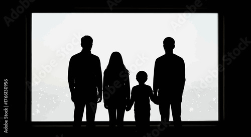 A silhouetted family, including parents and two children, stands united against a glowing white background, evoking feelings of togetherness and festive holiday joy.