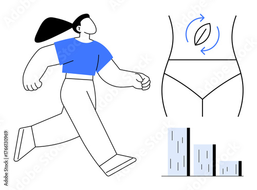 Woman running, digestive system rotation concept, bar chart growth. Ideal for fitness, wellness, body health, progress, energy metabolism activity. Simple flat metaphor