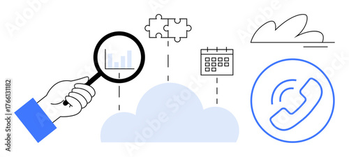 Hand holding magnifying glass focusing on data, cloud with puzzle piece, calendar, and phone icons. Ideal for cloud computing, analytics, integration, scheduling, communication innovation