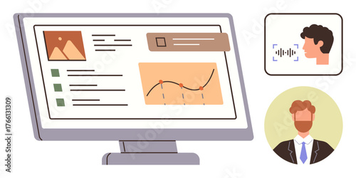 Monitor displaying graphs, tasks, and profiles. Features user interface design, data analytics, remote teamwork. Ideal for tech, analytics, education business collaboration innovation simple flat