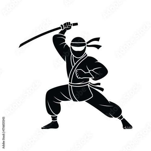Black ninja warrior strikes an attack pose holding a katana sword on white background