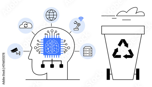 Human head silhouette with AI neural network, tech icons for cloud, robotics, and recycling bin. Ideal for technology, AI, innovation, sustainability, waste management data analysis eco solutions