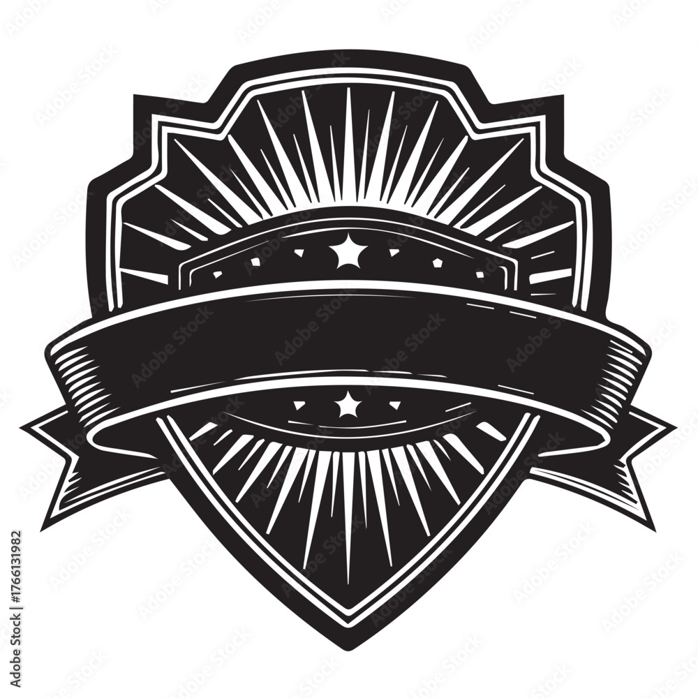 Obraz premium A black and white emblem featuring a shield with radiating lines, a banner across the center, and stars, isolated on white background, creating a vintage and symbolic design element