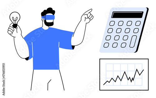 Man wearing VR headset holding light bulb, pointing at large calculator and graph chart. Ideal for innovation, technology, data analysis, business planning, education, finance creativity. Simple