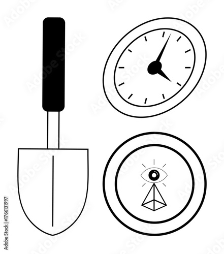 Gardening trowel, round clock, and abstract eye symbol arranged together suggesting themes of time, effort, vision, focus, creativity, and strategy. Ideal for time management planning