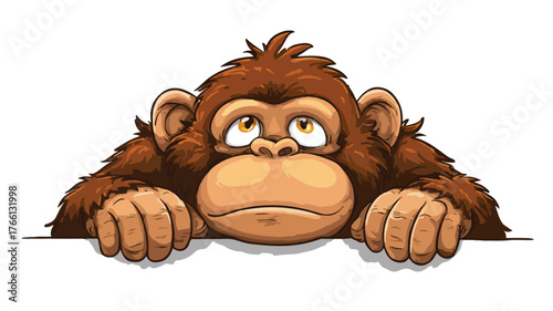 Adorable Cartoon Ape Showing Bored Expression, Isolated on White Background