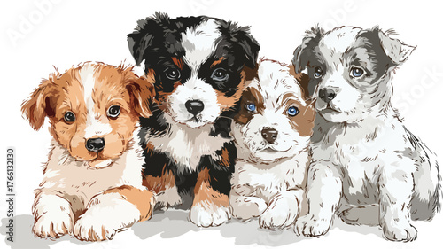 Adorable Vector Clipart of Cute Puppies with Outline, Isolated on White Background
