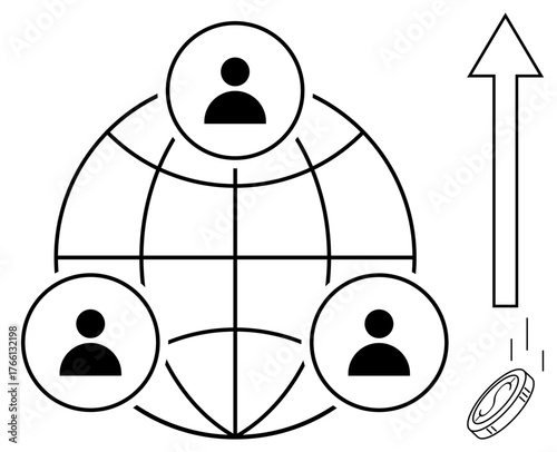 Three user icons arranged around a globe with an upward arrow and a falling coin. Ideal for teamwork, global connectivity, wealth growth, network, success, investment, online collaboration. Minimal