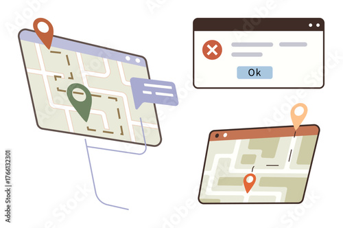 Map with location markers, route paths, browser warning message, and chat bubble. Ideal for navigation, error handling, maps, travel online tools location sharing UX. Simple flat metaphor