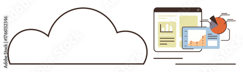 Cloud graphic paired with tablet, charts, and documents displaying data insights. Ideal for cloud computing, data analytics, business intelligence, digital reporting, technology, IT services