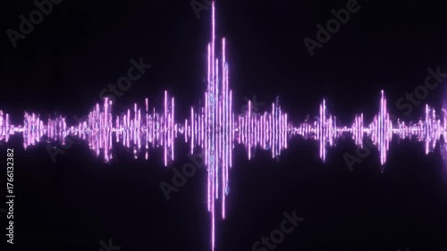 An abstract visual representation of an audio frequency spectrum, pulsing with vibrant pink and purple hues against a deep black backdrop, showcasing digital distortion and glitch effects.