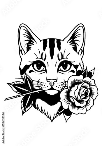 Charming Black & White Folk Art, Cat Head with Rose, Expressive Eyes, Traditional Tattoo Style Flash