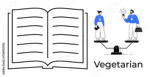 Open book alongside a balanced scale featuring two individuals exchanging ideas. Ideal for education, teamwork, equality, knowledge sharing, veganism, innovation, and ethical balance. Simple flat