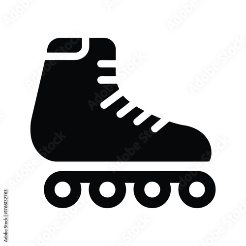 Black roller skate icon features a boot style and four wheels on white background