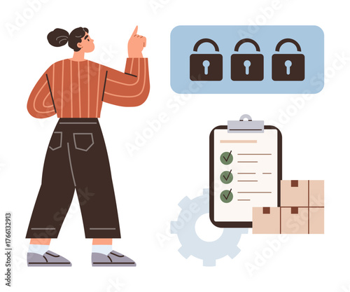 Woman pointing at row of lock icons representing security, checklist with completed tasks, boxes, and gear for logistics. Ideal for cybersecurity, organization, productivity, logistics, planning