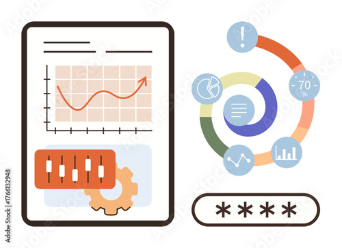 Data chart with upward trend, graph elements, gear for progress, password field, circular infographic with metrics. Ideal for analytics, strategy, security, development efficiency growth data