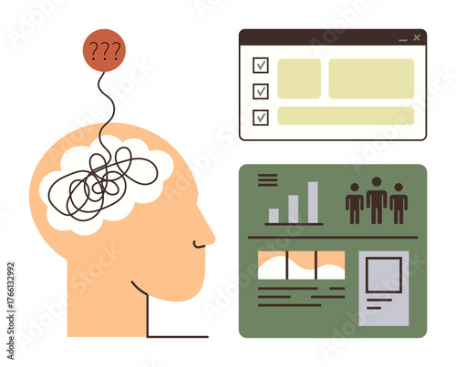 Human head with tangled thoughts, speech bubble, charts, task list in browser window. Ideal for productivity, organization, focus, data analysis decision-making mental health communication. Simple