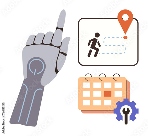 Robotic hand pointing up, route marker with a walking figure, and calendar icon with a gear. Ideal for automation, technology, planning, scheduling, innovation navigation efficiency. Simple flat