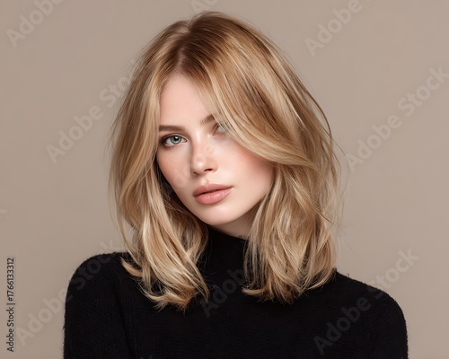 Elegant woman with shoulder-length lob, center-parted bangs, and soft blonde hair in natural light.
