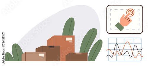 Stacked delivery boxes with leaves, tap gesture on touchscreen, and fluctuating data graph. Ideal for e-commerce, shipping, analytics, logistics management, shipping apps, data applications simple