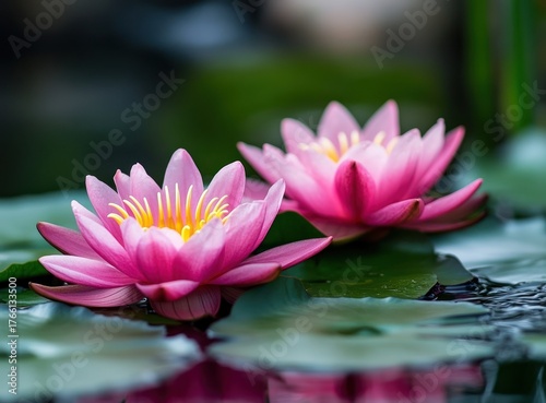 Elegant pink water lilies blooming serenely on a tranquil pond surface