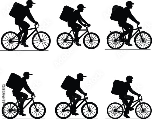 Delivery cyclist silhouette, food courier on bicycle, black vector icon, express rider, urban logistics, fast shipping, bike service, transportation