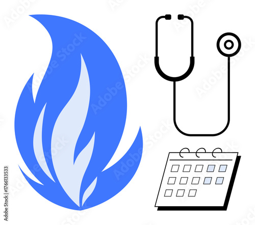 Blue flame, stethoscope, and calendar representing health care, emergency response, and scheduling. Ideal for healthcare, safety, emergency planning, time management health awareness medical